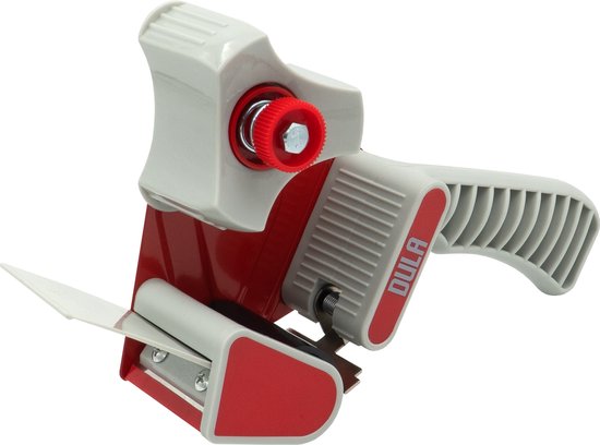 DULA tape dispenser in rood en grijs met gestructureerde handgreep.