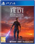 Gamecover Star Wars Jedi: Survivor voor PS4. Cal Kestis met lichtzwaard en BD-1 op rotsen onder een oranje lucht.