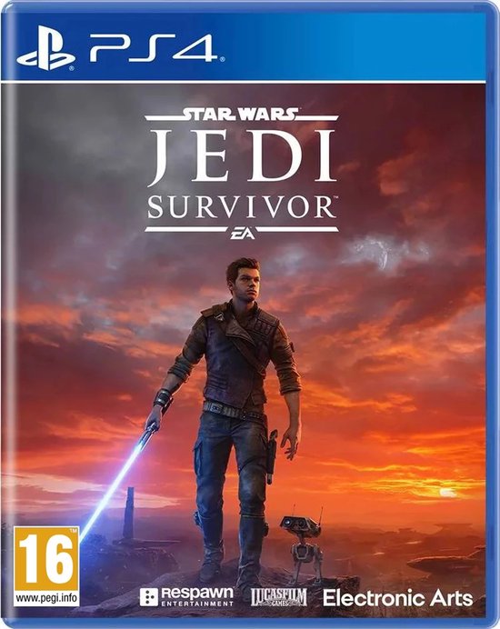 Gamecover Star Wars Jedi: Survivor voor PS4. Cal Kestis met lichtzwaard en BD-1 op rotsen onder een oranje lucht.