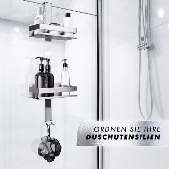Zilverkleurige douche organizer met 2 mandjes, met dispensers en een washandje eraan.