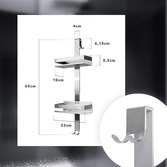 Maattekening van een zilverkleurig metalen doucherek met 2 niveaus, inclusief afmetingen.