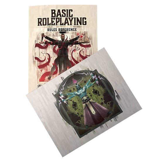 Boek met de titel Basic Roleplaying Rules Reference en een dobbelsteen met magische wezens.