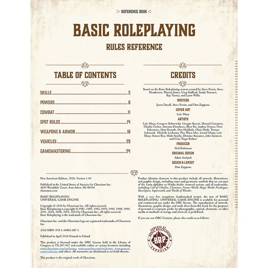 Pagina met de inhoudsopgave en credits van het spel.