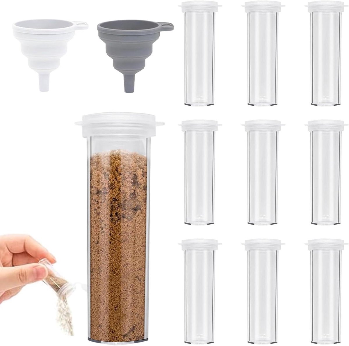 Mini Zout- en Pepervaatjes Set 10 stuks 10 g Kruidenstrooier voor Onderweg Reizen Camping Plastic met Deksel en Trechter Voor Keuken en Grillen in de Openlucht Standard
