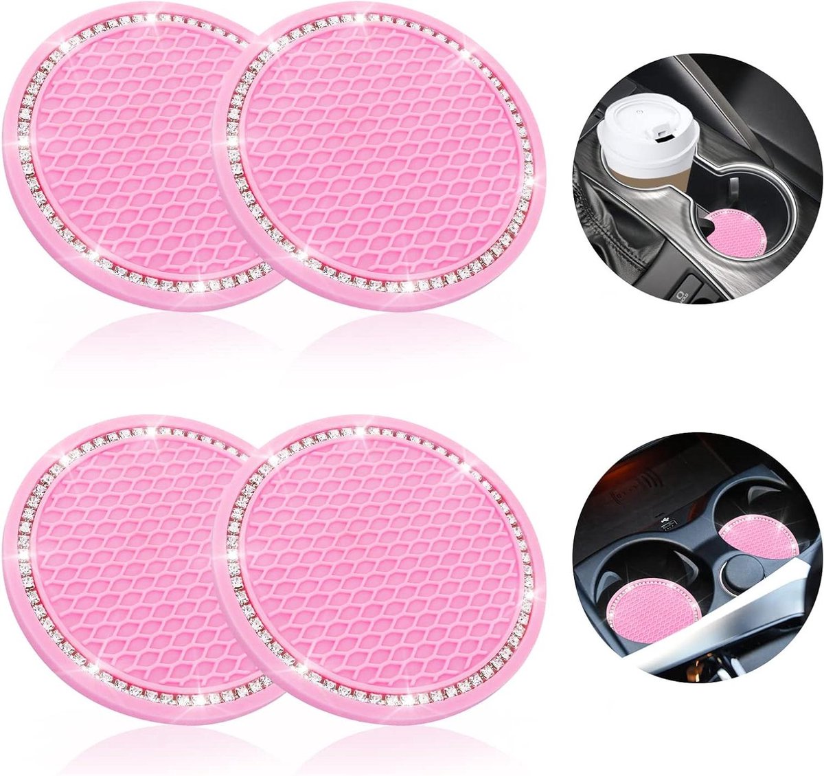 Trankielo - Siliconen Antislip Auto Interieur Accessoires - 4 Stuks Strass Kristal Bekerhouder Onderzetters (Roze)