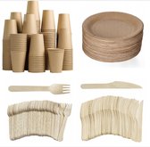 200 stuks Houten wegwerp bestek set bio/eco/milieubewust - 50 Vorken/ 50 messen/ 50 bruine kartonnen borden 23cm + 50 kartonnen bekers 240ml Feest/verjaardag/BBQ