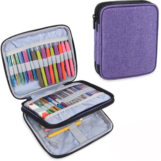 Foto: Ibenzoa stijlvolle opbergtas voor brei en haakaccessoires met veelzijdige indeling in elegant paars