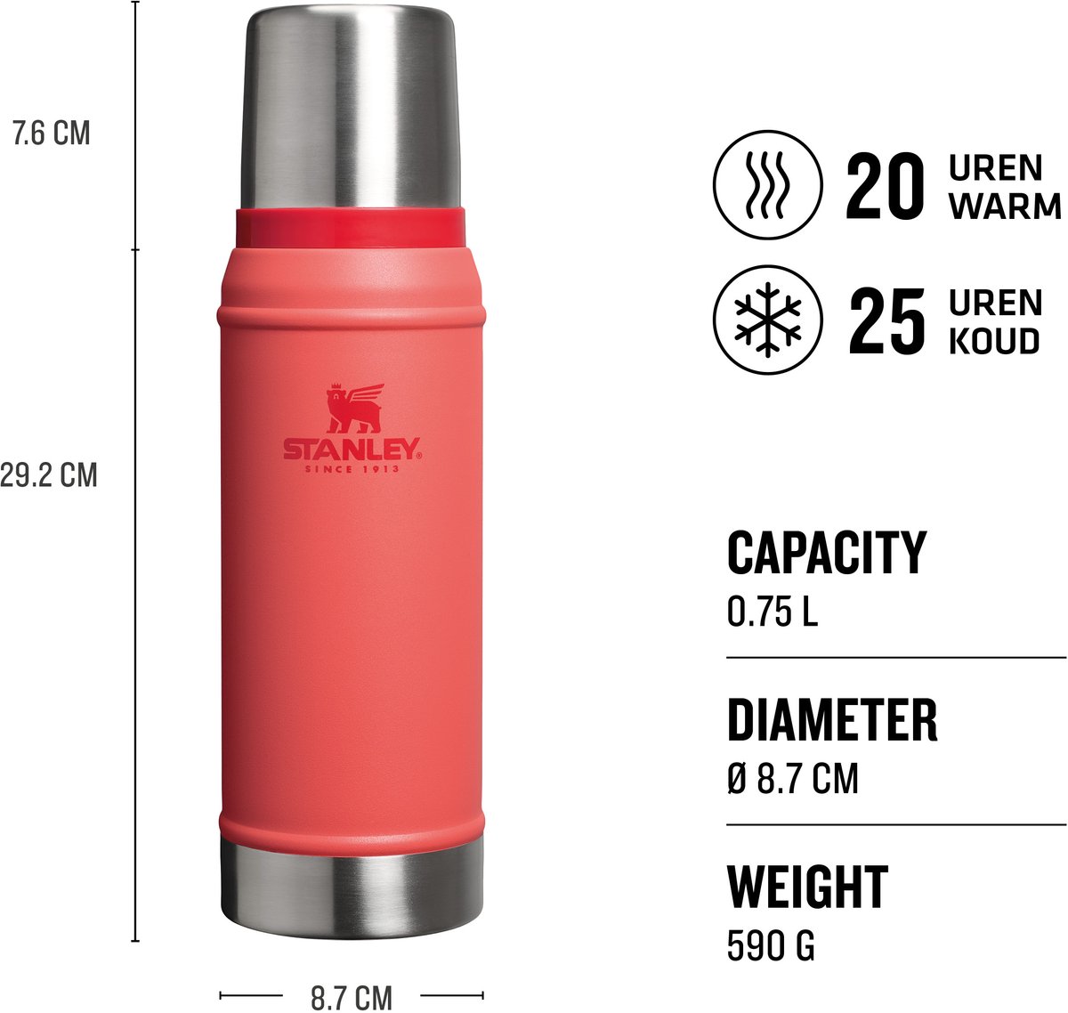 Stanley Classic Legendary Thermosfles 750 ml - Houdt 20 Uur Warm Of Koud - Lekvrij - Vaatwasserbestendig - BPA-Vrij - Voor Koffie, Thee en Meer - Roestvrijstalen Thermoskan - Hot Coral – foto 2