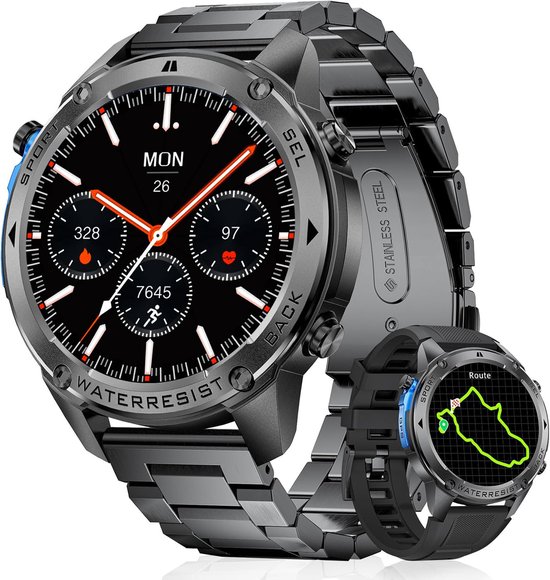 Synyq GPS Pro - GPS Smartwatch Heren - 1,43 inch AMOLED - 2 Bandjes - 5ATM Waterdicht - Belfunctie - 170+ Sportmodi - Stappenteller - Hartslag, Bloeddruk, SpO2 - Smartwatch Heren - Sport Horloge - IOS & Android
