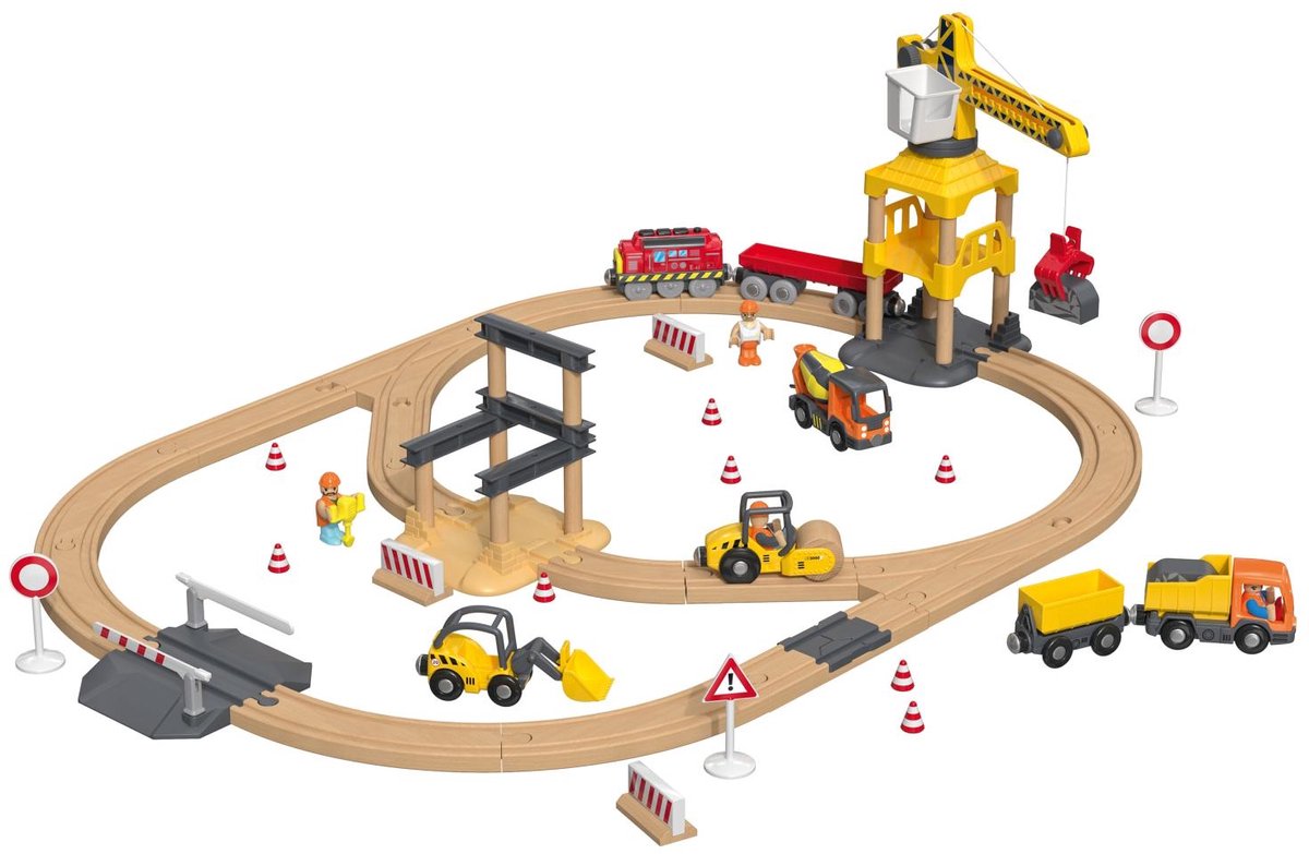 Lupilu Treinbaan set Bouwplaats - 59-delig - Draaibare kraan met grijper - Beukenhout - max. spoorlengte: ca. 2,85 m