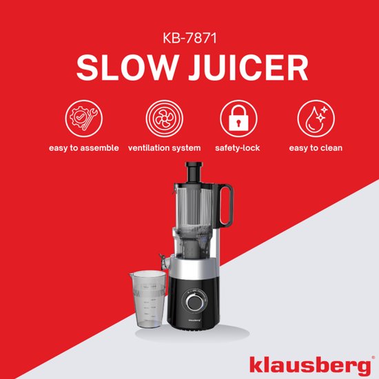 Klausberg KB-7871 Slowjuicer - Cold Press - Stille verticale juicer sapcentrifuge met brede vulopening - Fruitpers - Zwart/Zilver van Klausberg — afbeelding 3