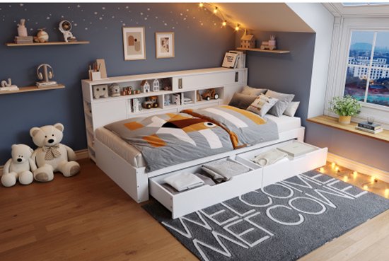Kinderbed 90×200 Cm - Met 1 La - Met Boekenplank En Opbergruimte Lattenbodem Naturel Zonder Matras