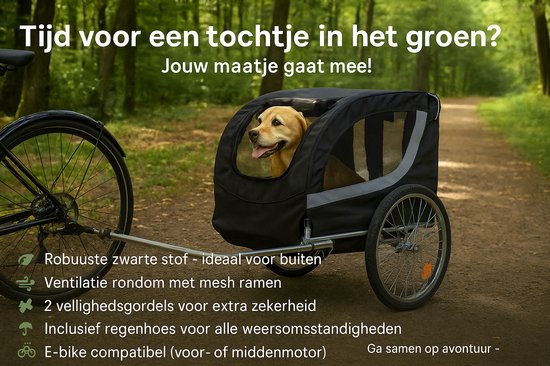 Zwarte fietskar met een gele labrador, in een bos. Robuuste stof, ventilatie, veiligheidsgordels en regenhoes.