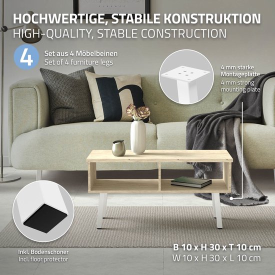 ML-Design Set van 4 Meubelpoten I-Design 72 cm Glanzend Wit Gepoedercoat Staal Vierkant Profiel 8x8 cm Hoogte Verstelbaar van 1-4 cm Ideaal voor Eettafels Bureaus Werktafels en Tafelbladen