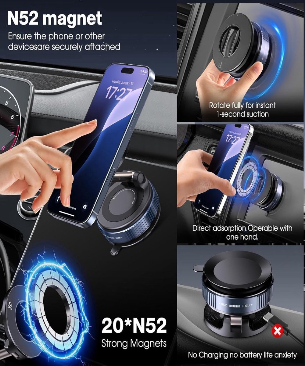 DISEV® - Magnetische Telefoonhouder Auto - GSM Houder - Mobiele Telefoonhouder - Vacuüm Magnetische Telefoonhouder – 360 graden Te - Off-Road en drempel Proof - Dashboard - Magneet Telefoonhouder - Autohouder - Auto Accessoires - Auto telefoonhouder – foto 8