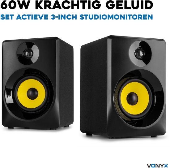 Set van twee zwarte 3-inch actieve studiomonitoren met gele woofers.