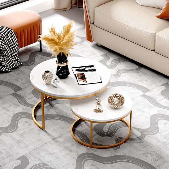 HAUSS SPOLE Salontafel rond - Set van 2 - Wit Hoogglans marmer look Steen - Ronde salontafel Bijzettafel - Stevig En Stijlvol -Woonkamer - 80x80/60x60cm - Goud Metalen Frame- Goud