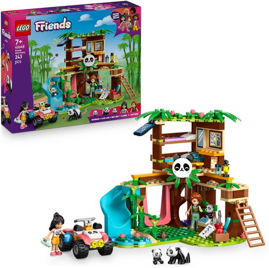 Doos en speelset LEGO Friends De Pandaopvang. Met boomhut, glijbaan, quad, minipoppen en pandabeertjes.