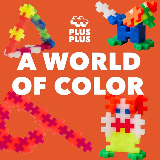 Collage van Plus-Plus bouwwerken: driehoek, robot, regenboog en figuur.