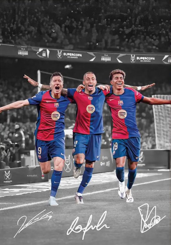 Lewandowski, Raphinha & Lamine Yamal Poster Ingelijst – Supercopa 2025 – Voetbal Kunstprint met Handtekeningen – Cadeau voor Fans - MSN Style FC Barcelona