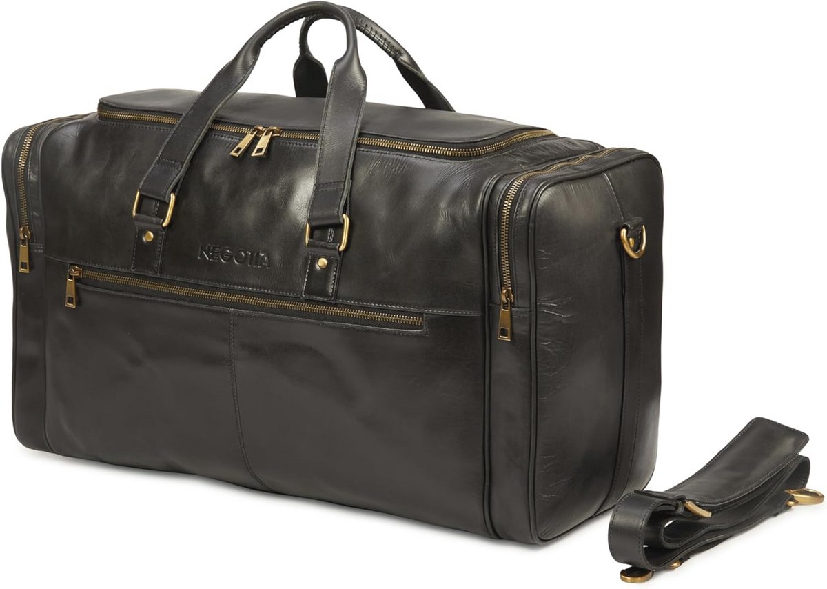 Leren Weekendtas voor Heren en Dames - Luxe Duffel Bag van Top-Grain Leer - Ruime Reis- en Sporttas in Zwart