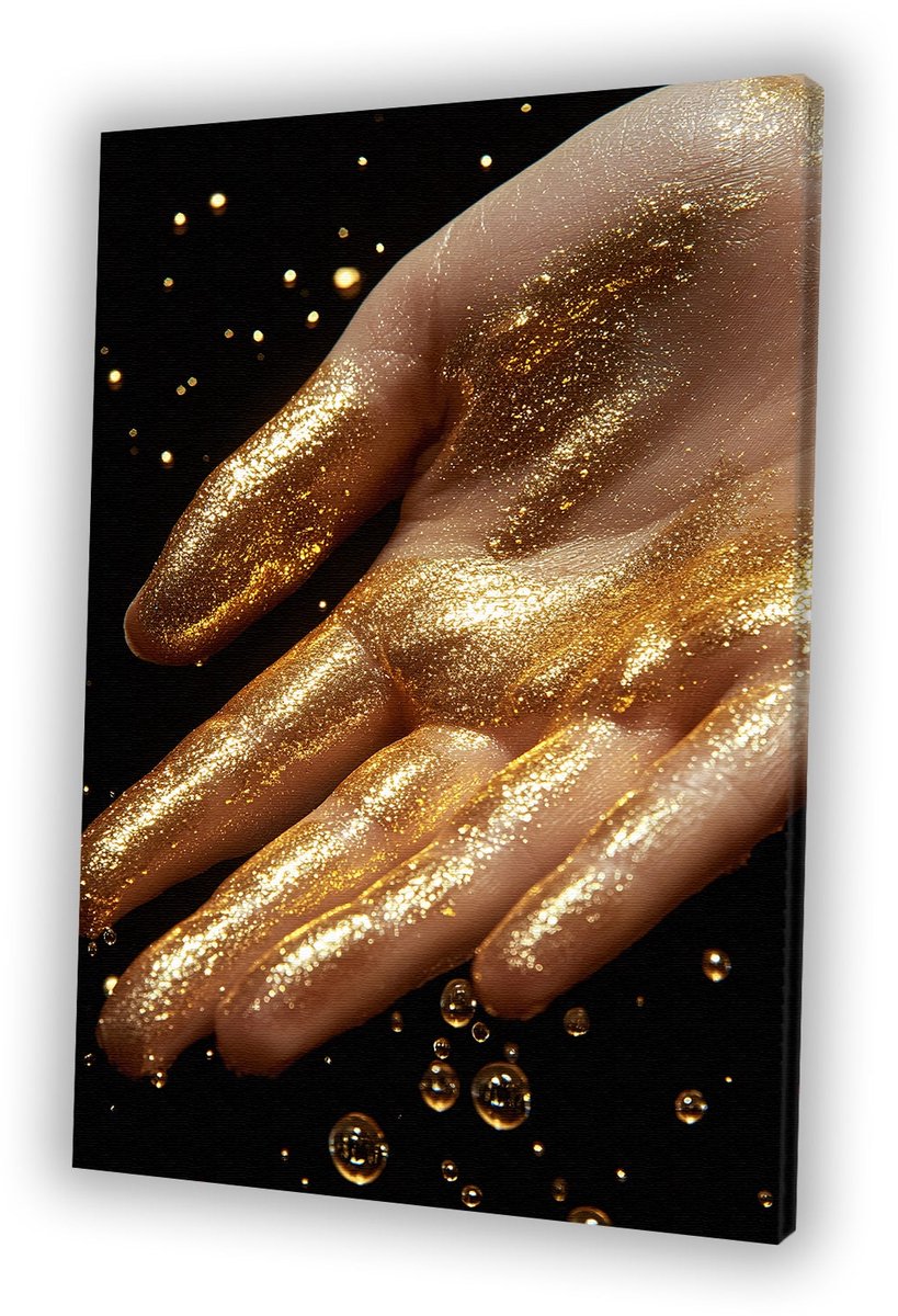 Hand bedekt met gouden verf - Goud wanddecoratie - Kunstwerk hand - Hyperrealisme - Binnenhuisdecoratie - Woondecoratie - canvas 75x100 cm