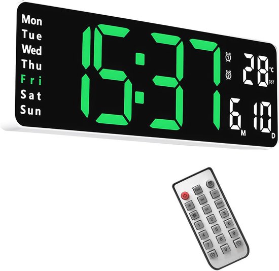 ALEENFOON 13 inch grote digitale wandklok met afstandsbediening, dubbele alarmen, temperatuur/datum/tijdweergave, instelbare helderheid, afteltimer voor thuis, sportschool, kantoor (groen