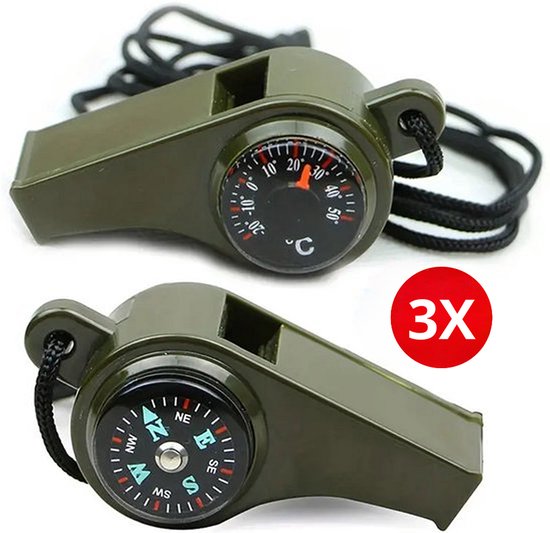 Foto: Knaak 3 in 1 noodoverlevingsfluitje noodpakket met kompas thermometer noodfluit 3 stuks