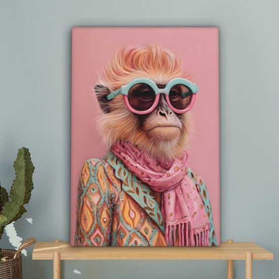 Tableau sur toile 60x90 cm - Décoration murale Foulard - Singe - Lunettes de soleil - Veste - Décoration murale salon - Décoration chambre - Accessoires chambre - Peintures sur toile