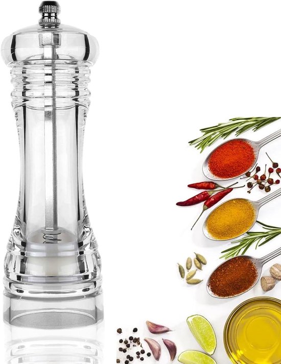 Moulin à poivre et sel rechargeable avec broyeur en céramique - Finesse réglable - Moulin à épices pour poivre, sel et piment - Transparent