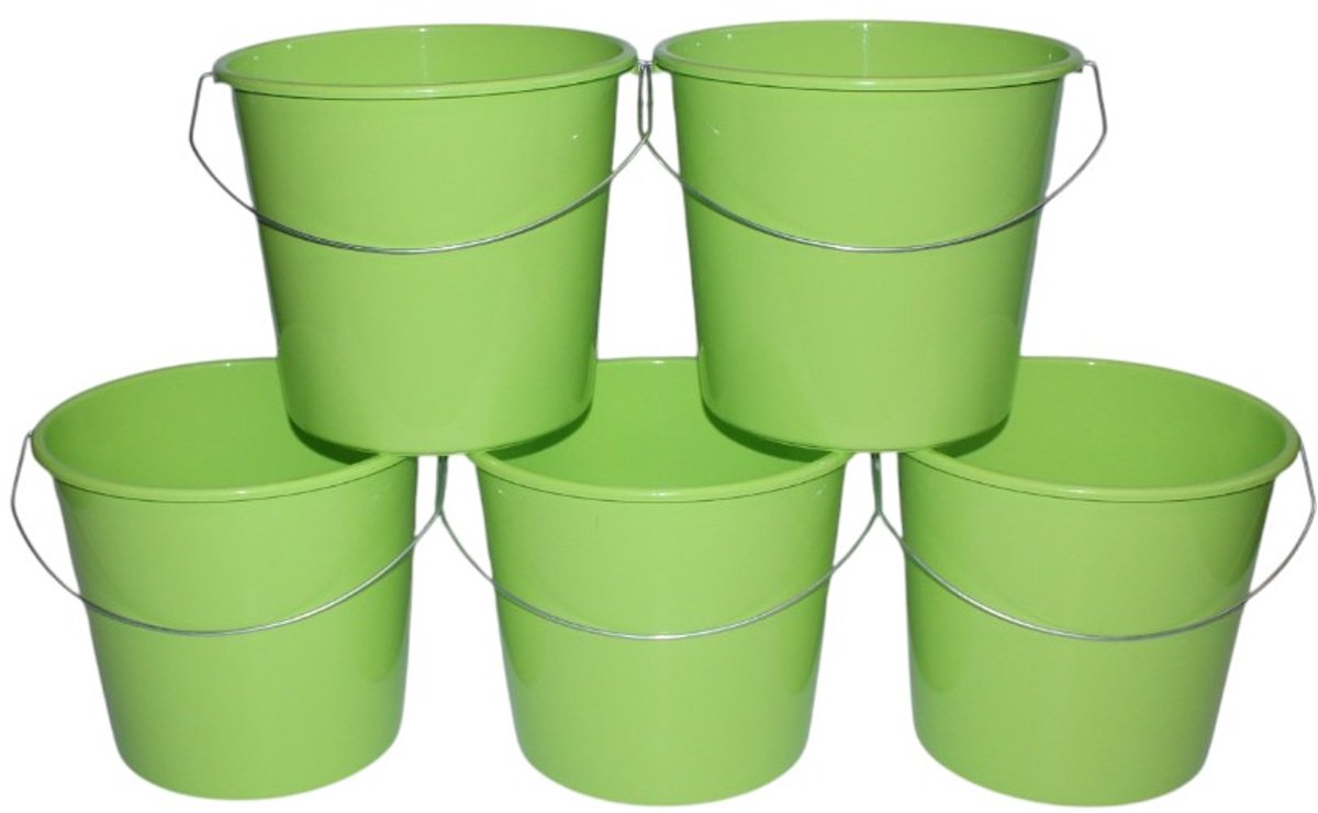 HL huishoudemmer - emmer - 10 Liter - set van 5 - groen - kunststof - stalen handvat