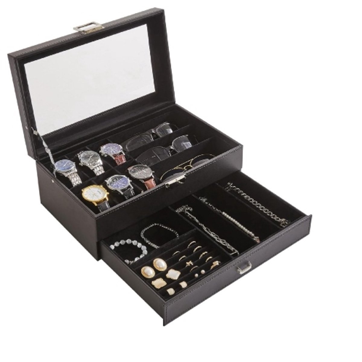 Retadou - Horlogedoos voor heren, PU-leer, horlogedoos met lade, glazen deksel, horlogekoffer voor horloges, ringen, zonnebril, sieraden, zwart