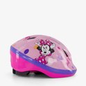 Roze fietshelm met cirkels, strikken en Minnie Mouse. Disney Junior Minnie logo.