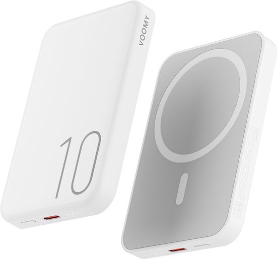 Voomy Draadloze Powerbank V2 - 10000 mAh - Geschikt voor Magsafe Iphone 12, 13, 14, 15 - USB C 20W Snellader - Draadloze Oplader - Wit