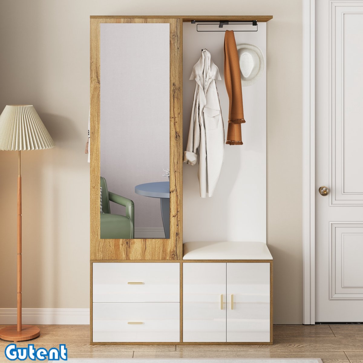 Gutent Garderobeset - Wit en Originele houtkleur - met spiegel - Schoenenkast - met haken