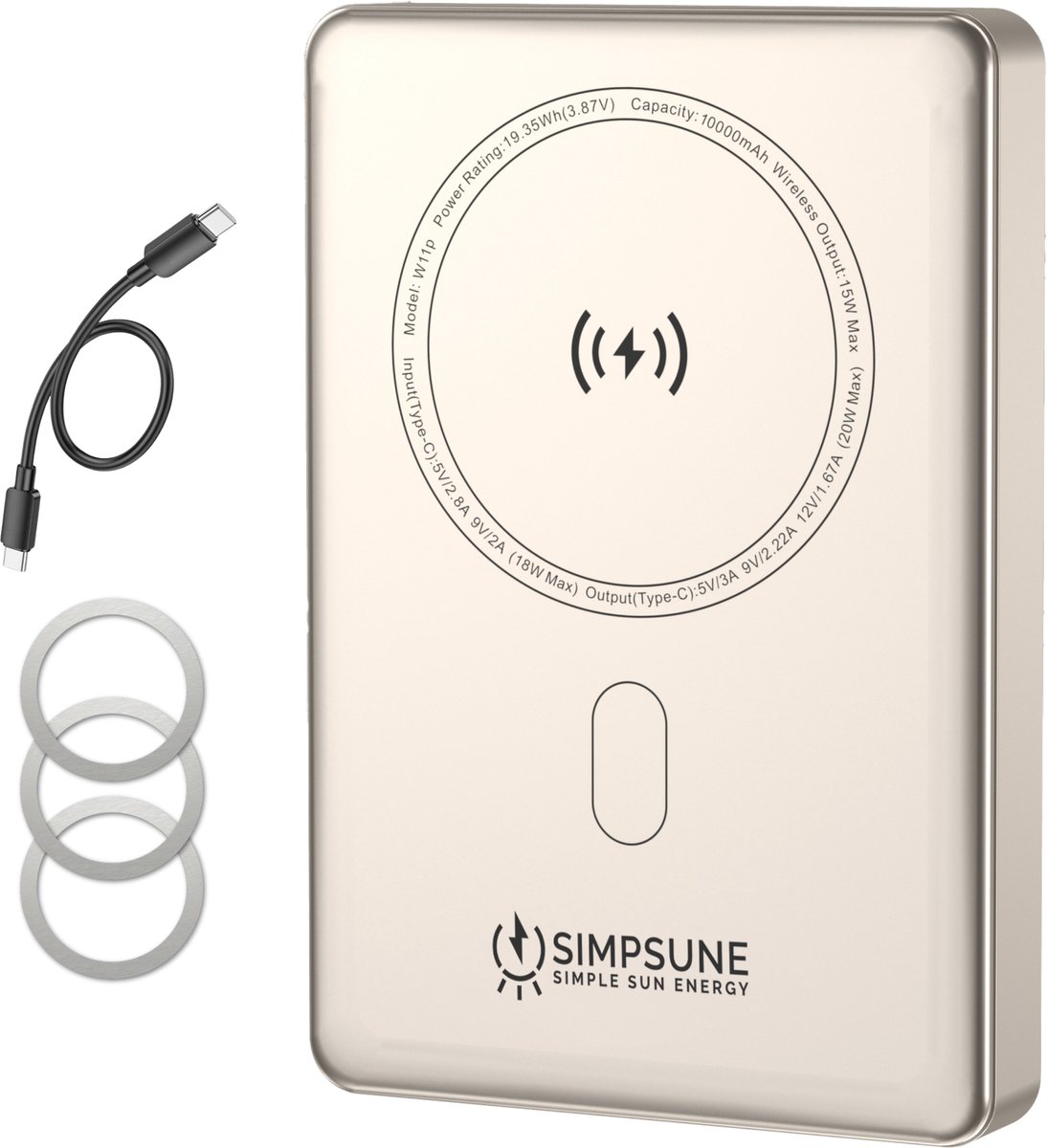 Simpsune - Powerbank geschikt voor MagSafe - 10000mAh - 20W Snellader - Wireless charger & USB-C - Compact Design - Meerdere apparaten - LED Display - Inclusief Magnetische Ringen