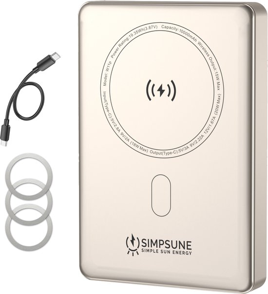 Zilverkleurige MagSafe powerbank, USB-C kabel en 3 magnetische ringen. Tekst op product: Capacity: 10000mAh, Wireless Output: 15W (Max), Output(Type-C): 5V/3A (15W Max).
