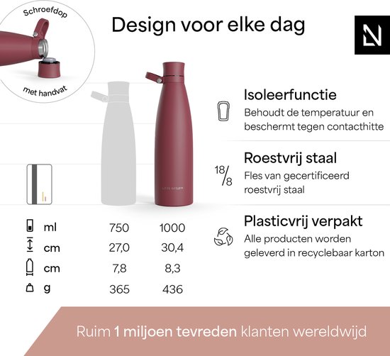 Bordeauxrode 1000ml drinkfles met schroefdop en handvat.