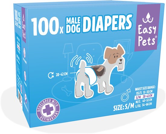 Een doos met 100 mannelijke hondenluiers van EasyPets in maat S/M. De doos toont een illustratie van een hondje.