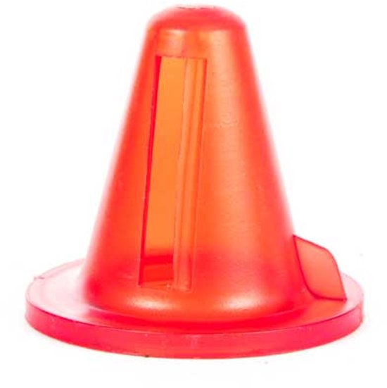 Eén oranje kaarsenslijper met een brede voet en een sleuf in de punt.