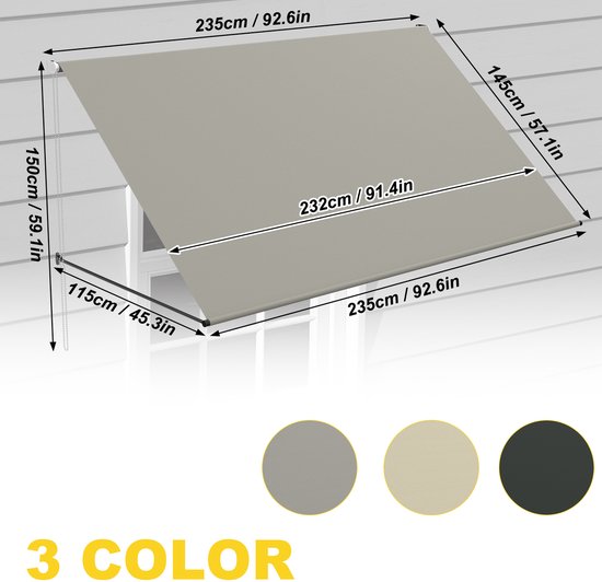 LZQ Klemluifel voor balkons, uitschuifbaar, met handslinger, in hoogte verstelbaar, uv-bestendig, te bevestigen zonder boren, 100% polyester (300 x 120 cm, donkergrijs