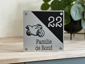 Naambordje / huisnummer voordeur | Motor | 20x20cm | rvs-look | Huisnummerbord | RVS afstandhouders