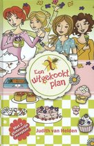 Boekomslag met vier vrouwen, gebak, taart, salade en bloemen. Titel 'Een uitgekookt plan'.