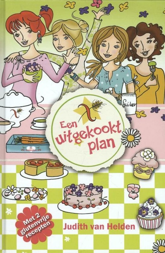 Boekomslag met vier vrouwen, gebak, taart, salade en bloemen. Titel 'Een uitgekookt plan'.
