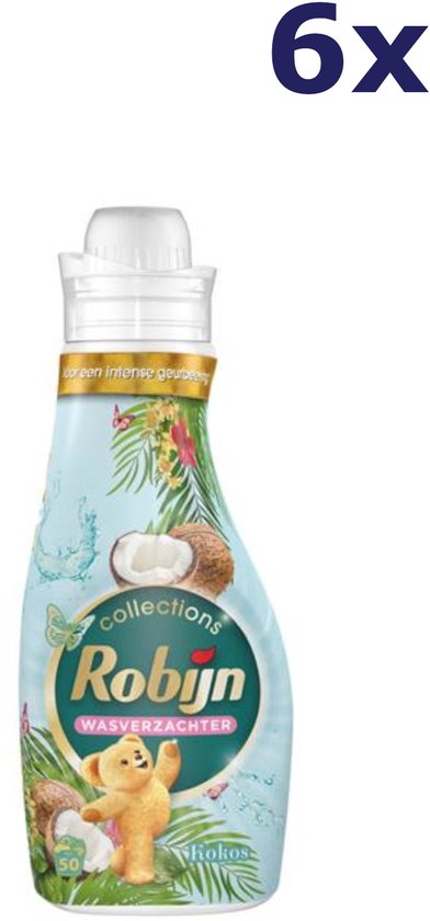 Bouteille d'assouplissant Robijn noix de coco avec 6 x 50 lavages. Imprimé tropical avec noix de coco, palmiers et ours en peluche.