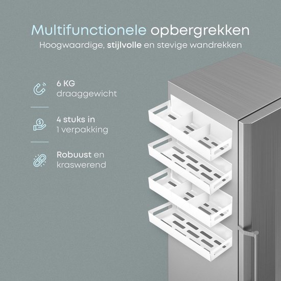 Étagère de rangement 4 pièces | Blanc | Organisateur | Plateaux | Support mural | Étagère de cuisine | Étagère à épices | Étagère à épices suspendue | Magnétique