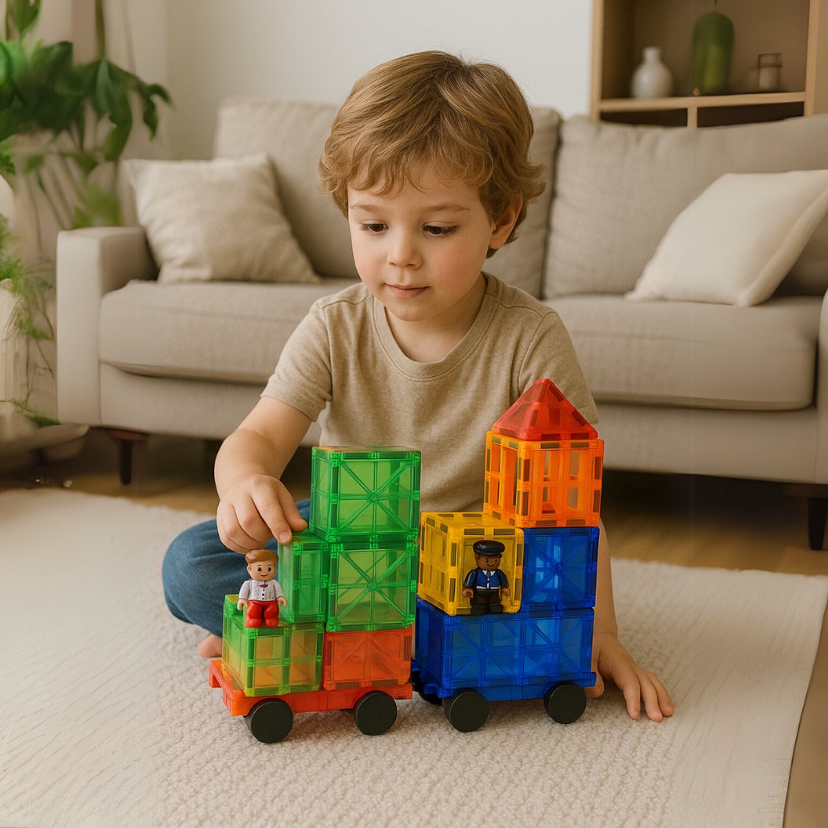 Kids4u Magnetic Tiles - Magnetisch Speelgoed - 125 Stuks Bouwset - 2 Minifiguren - Constructiespeelgoed - Montessori Speelgoed - Magnetische Tegels — cadeau in Spellen & Speelgoed - foto 6