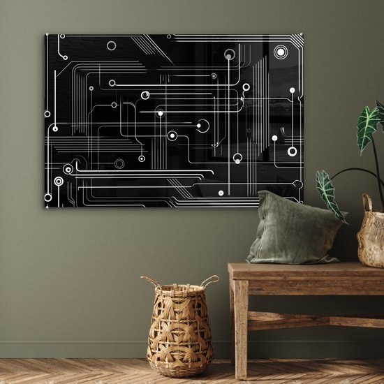 MuchoWow® Glasschilderij 90x60 cm - Schilderij acrylglas - Abstract - Lijnen - Rondjes - Zwart - Foto op glas - Muurdecoratie woonkamer - Wanddecoratie slaapkamer - Schilderijen