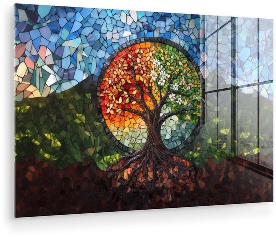 MuchoWow® Glasschilderij 30x20 cm - Schilderij acrylglas - Boom - Seizoenen - Mozaïek - Bergen - Foto op glas - Muurdecoratie woonkamer - Wanddecoratie slaapkamer - Schilderijen