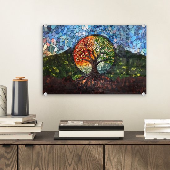 MuchoWow® Glasschilderij 30x20 cm - Schilderij acrylglas - Boom - Seizoenen - Mozaïek - Bergen - Foto op glas - Muurdecoratie woonkamer - Wanddecoratie slaapkamer - Schilderijen